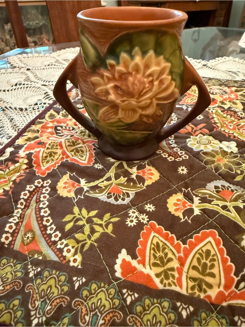 Vintage Roseville Water Lily Vase Double Handled Vase, 4" tall. USA 71-4, 1940s.